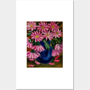 bright and colorful abstract flowers in a deep blue vase. Posters and Art